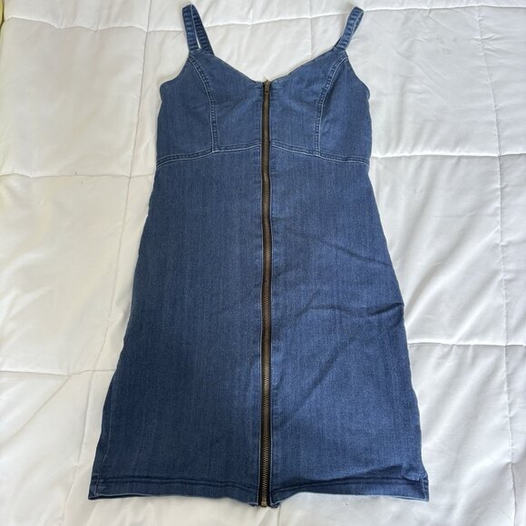 Zipper Jean Blue Mini Dress Juniors Size Large Spaghetti Straps Stretchy Back - Picture 1 of 6